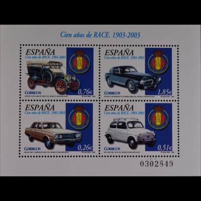 Spanien Spain 2003, Block 118, 100 Jahre Königlich Spanischer Automobilclub RACE