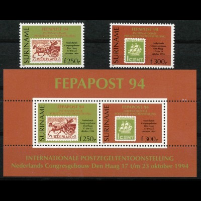 Surinam Michel Nr. 1493-94 und Block 63 Briefmarkenausstellung 1994