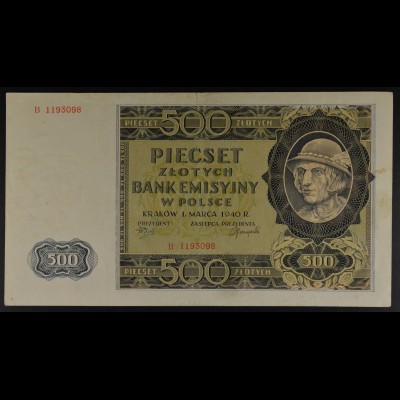 Deutsche Bes.Generalgouvernement, 1.3.1940, Emissionsbanknote 500 Zloty, Ro. 578