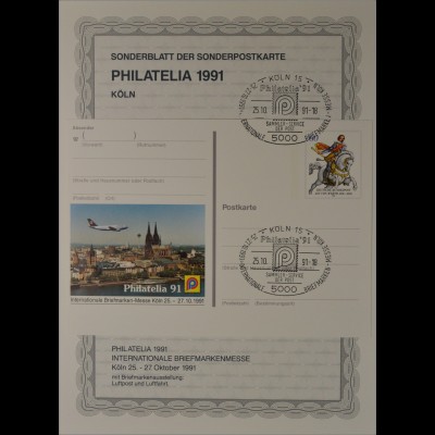 Sonderblatt der Sonderpostkarte Philatelia 1991 Köln Luftpost Luftfahrt