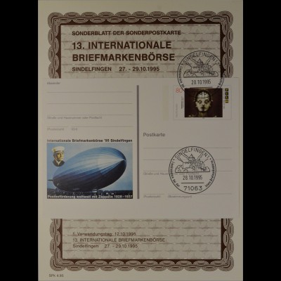 Sonderblatt der Sonderpostkarte Briefmarkenbörse Sindelfingen 1995 Zeppelin