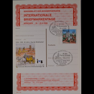 Sonderblatt der Sonderpostkarte Briefmarkentage München 1996 60 J. Tag der Marke