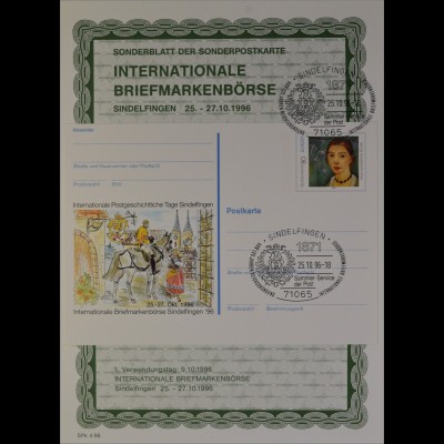 Sonderblatt der Sonderpostkarte Internationale Briefmarkenbörse Sindelfingen `96
