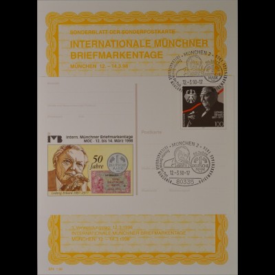 Sonderblatt der Sonderpostkarte Münchner Briefmarkentage 1998 Ludwig Erhard 