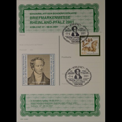 Sonderblatt der Sonderpostkarte Briefmarkenmesse Rheinland Pfalz 2001 Koblenz