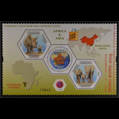 Namibia 2015 Neuheit Briefmarkenausstellung Hong Kong Nashorn und Elefant Block