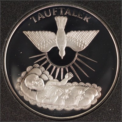 Geschenk zur Taufe Medaille in Silber 32 mm Durchmesser Tauftaler mit Etui 
