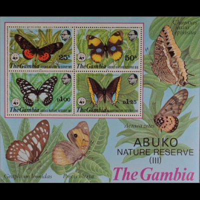 Gambia 1980 Block 5 WWF Abuko Naturschutzgebiet Acraea zetes Precis hierta