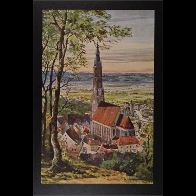 Ansichtskarte Blick auf St. Martinskirche Scheibenzuber Aquarell Künstlerkarte