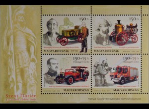 Ungarn Hungary 2016 Block 389 Feuerwehrfahrzeuge Feuerwehrwagen mit Dampfkessel