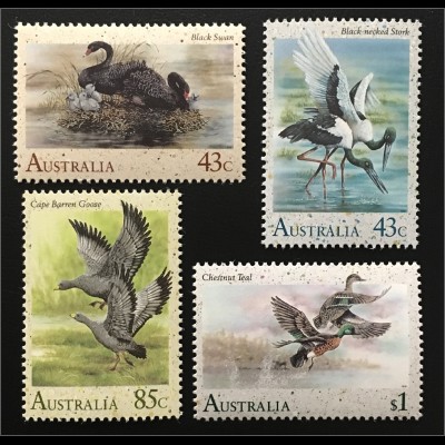 Australien Briefmarken Wasservögel Trauerschwan Schwarzhalsstorch Hühnergans