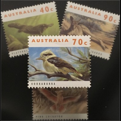 Briefmarken Australien Schnabeltier Graues Riesenkänguruh Inka-Kakadu Kookaburra