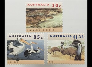 Briefmarken Australien Gefährdete Tiere Leistenkrokodil Brillenpelikan Emu