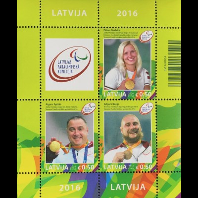 Lettland Latvia 2016 Block 39 Medaillengewinner Paralympische Spiele in Rio 