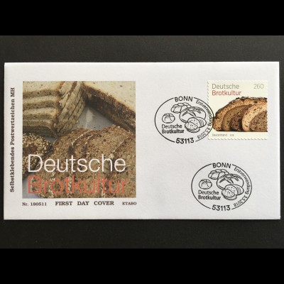 Bund Ersttagsbrief FDC Nr. 3390 3. Mai 2018 Deutsche Brotkultur selbstklebend