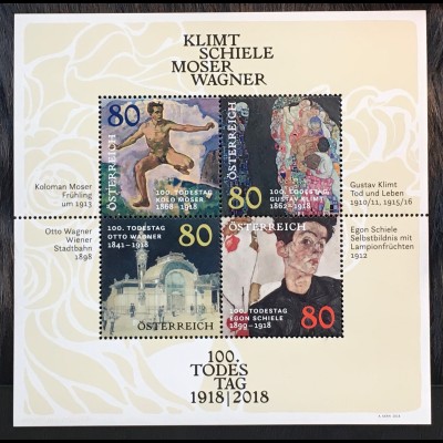 Österreich 2018 Block 101 Todestage Gustav Klimt Egon Schiele Otto Wagner Moser