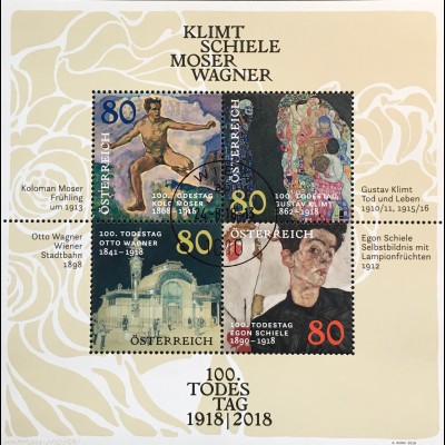 Österreich 2018 Block 101 Todestage Gustav Klimt Egon Schiele Otto Wagner Moser