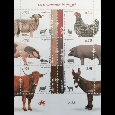 Portugal 2019 Block 440 Nutztierrassen Tiere Fauna Ziegen Esel Schwein Rind