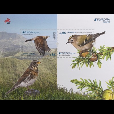 Azoren Acores 2019 Block 68 Europaausgabe Einheimische Vögel Ferfolha