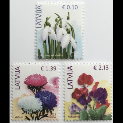 Lettland Latvia 2019 Nr. 929+933 I +887 III Freimarken Neudruck Blumen Flora Natur 