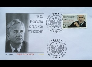 Bund BRD Ersttagsbrief FDC 2. April 2020 Nr. 3539 Richard von Weizsäcker