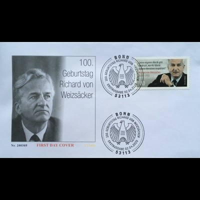 Bund BRD Ersttagsbrief FDC 2. April 2020 Nr. 3539 Richard von Weizsäcker