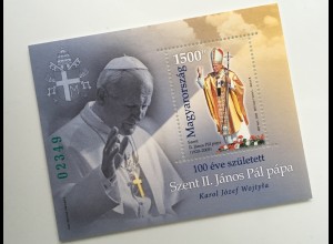 Ungarn Hungary 2020 Block 438 A II 100. Geburtstag Papst Johannes Paul aus Polen