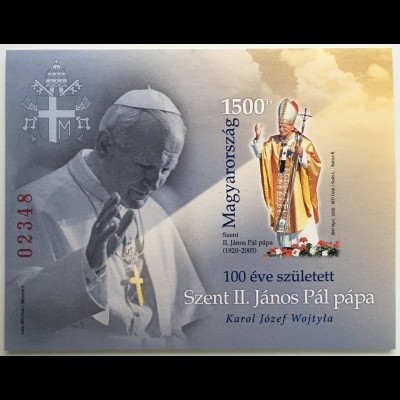 Ungarn Hungary 2020 Block 438 B 100. Geburtstag Papst Johannes Paul aus Polen