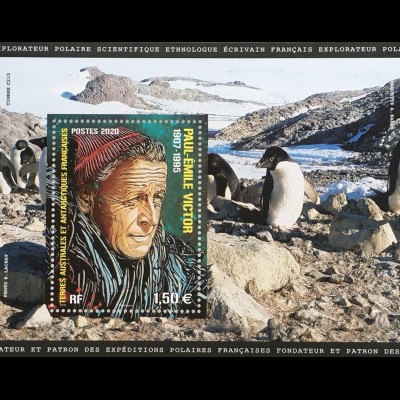 Franz. Antarktis TAAF 2020 Block 81 25. Todestag von Paul-Emile Viictor Forscher