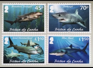 Tristan da Cunha 2020 Nr. 1347-50 Haie Heringshai Hammerhai Blauhai Knorpelfisch