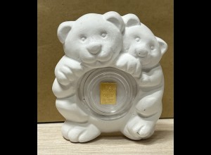 Goldbarren Geschenk Bärenform aus Gips hält Goldgabe Taufe Weihnachten Geburt