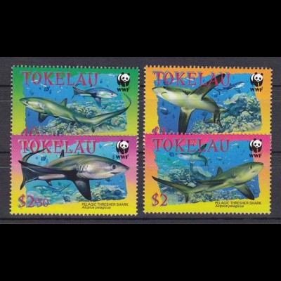  Tokelau 2002, Michel Nr. 322-25, Weltweiter Naturschutz - WWF, Abb.: Fuchshai