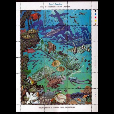 Mikronesien 1988, Unterwasserwelt, Michel Nr. 101-18. 1 Kleinbogen, Trúk-Lagune