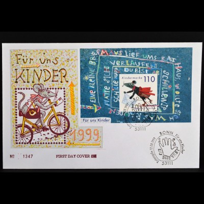 Bund BRD Germany Ersttagsbrief FDC Block Nr. 51, Für uns Kinder, Maus, 12.8.1999