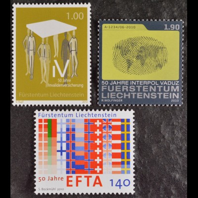 Liechtenstein 2010, Michel Nr. 1560-62, Drei Ausgaben; Anlass: Jahrestage