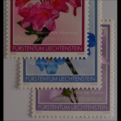 Liechtenstein 2013, Nr. 1679-81, Alpenblumen: Rätischer Enzian, Vergissmeinnicht