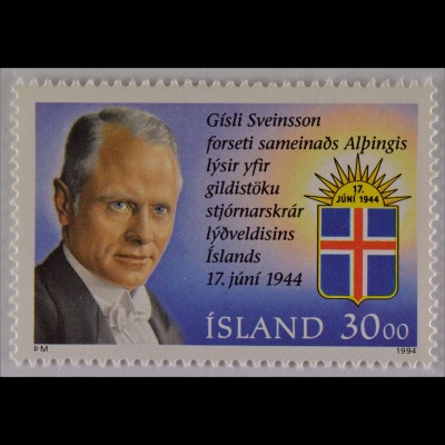 Gísli Seveinsson Briefmarke 1994 Michel Nr. 807 50 Jahre Republik Island